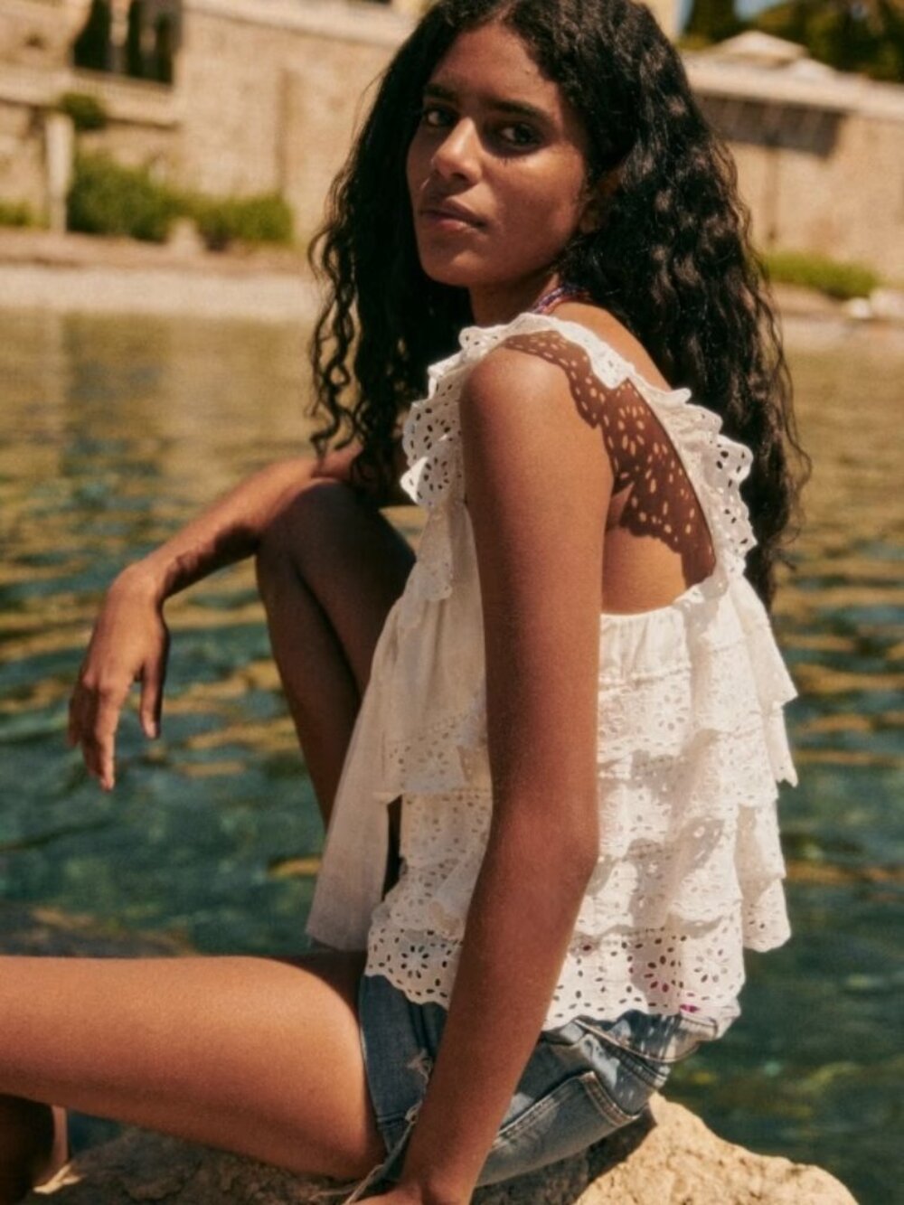Sezane Lia Blouse Ecru US 8 EU 40 Organic Cotton Eyelet Ruffle Scalloped Top - Picture 3 of 15